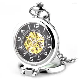 Pocket Watches Magnifier See Through Silver Tone Case Black Dial Arabic Number Men's Hand Wind Mechanical Movement Watch With FOB Chain