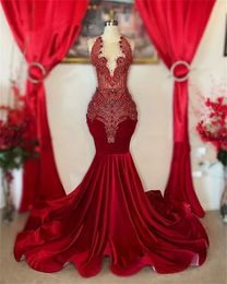 Sexy Sparkly Mermaid Prom Dress 2024 Velvet Sheer Neck Crystal Beads Rhinestones Party Dress Bridal Reception Gowns Robe