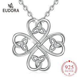 Pendants EUDORA New 925 Sterling Silver Celtic knot Clover Pendant Flower trinity knot Necklace good luck Lady Jewelry Wedding Gifts D128