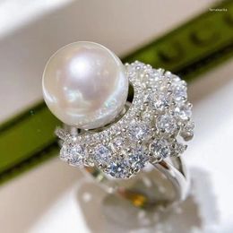 Cluster Rings Stunning Huge 11-12mm Akoya Perfect Round White Pearl Ring Silver Wedding 925 Sterling Jewelry For Women