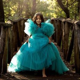 Girl Dresses Vintage Turquoise Flower Beads Ruffles Princess Kids Baby Girls First Birthday Dress For Wedding Party