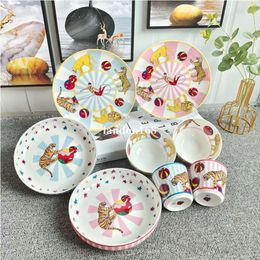 Ceramic Tableware Suit Cartoon Animals Style Plate Cups and Saucers Rice Bowl For Children Use Dining Sets Circus tableware274d
