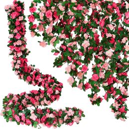 250cm Artificial Rose Vine Flowers with Green Leaves Hanging Fake Roses Vine for Room Anniversary Wedding Birthday Christmas Wall Arch Decor Spring Red Flower