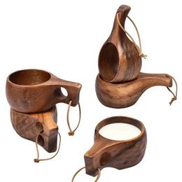 Tumblers Handmade Wooden Milk Cup Acacia Wood Coffee Mugs Tasse with Carrying Rope Handle Camping Drinkware Cups Artifact Kitchen Tools