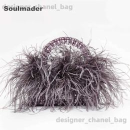 Shoulder Bags Pearl beaded evening bag Ostrich feather fur designer Clear Acrylic crystal stone box tote handbag women handmade party purse T240123