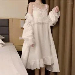 Women's Sleepwear French Sweet Vintage Pyjamas Spring Autumn Sling Nightdress Fairy Dress Court Elegant Long Strap Dresses Home Wear