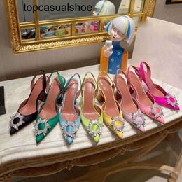 Amina muaddi Satin Sandals Dress Pointed Shoes Slingbacks Bowtie Pumps Crystal-sunflower High Heeled Shoe10cm Designer Party Wedding Shoes