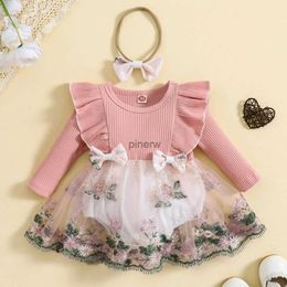 Girl's Dresses Infant Baby Girl Clothes Jumpsuit Organza Flower Embroidery Dress Bodysuit Long Sleeve Romper With Bow Headband