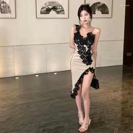 Casual Dresses Sexy Black Lace Patchwork Slip Dress Women 2024 Summer Holiday Irregular Party V Neck Sleeveless Tight Pencil Skirt