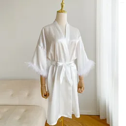 Women's Sleepwear Satin Silk Pyjamas Bathrobe Spring And Autumn Sexy Morning Robe With Feather Long Sleeved Outwear Nightgown