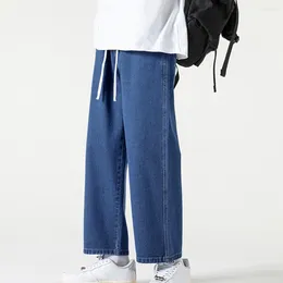 Men's Jeans Men Drawstring Elastic Waist Wide Leg Retro Loose Straight Solid Color Pockets Soft Breathable Ankle Length Ninth Pants