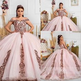 2024 Rose Gold Sequined Lace Quinceanera Dresses Ball Gown Puffy Off Shoulder Sequins Blush Pink Sweet 16 Party Prom Dress Evening Gowns Plus Size Corset Back