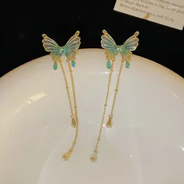 Dangle Earrings Korean Exquisite Elegant Green Butterfly Tassel For Women Summer Fashion Long Metal Chain Charm Ear Drops Jewellery Gifts