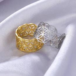 Wedding Rings Vintage Egyptian Flower Of Life For Women Stainless Steel Gold Color Sacred Geometry Open Aesthetic Ring 2024 Jewelry Gift