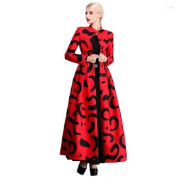 Women's Trench Coats Single Breast Pleated Coat Muslim Clothes Islamic Print Box High Collar Long Maxi Overcoat Plus Size