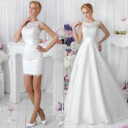 Romantic White Two Pieces A Line Lace Wedding Dresses 2020 with Detachable Skirt Vestidos De Noiva Spring Crew Neck Short Dance Br239n