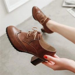 Dress Shoes British Women Oxfords High Square Block Heels Pumps Black Brown Round Toe Lace Up Casual Office Vintage Ladies Brogues