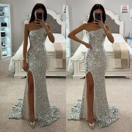 Sjöjungfrun Prom Sier One Shoulder Glitter paljetter Evening Elegant Pleats Split Formal Long Special OCN Party Dress