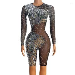 Stage Wear Gogo Mesh Lens Jumpsuit With Mirrored Shorts For Performance Costumes Nightclub Bar Dj Party Dress Festival DN16965