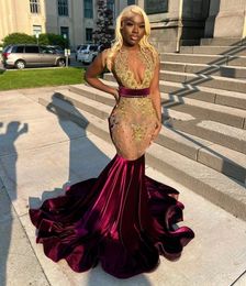 Gold And Bury Prom Dresses For Black Girls Veet Mermaid Evening Gowns Rhinestone Vestidos De Gala 2024 Party Dress