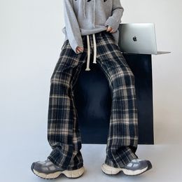 Woolen plaid wide-legged straight-leg women's trousers