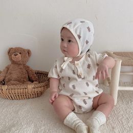 Baby Summer Short Sleeve Bodysuit Cute Bear Print Boy Cotton Waffle Jumpsuit Fashion Girl Floral Onesie Infant Clothes 240119