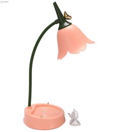 Desk Lamps Flower LED Desk Lamp Student Bedroom Lighting Contact Reading Eye Protection USB Flower Lampshade Table Light Pink YQ240123