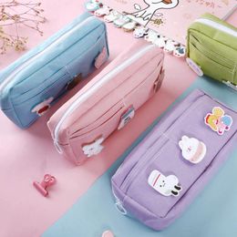 Kawaii Canvas Pencil Case Cute Badge Multi Pockets Pencilcases Pink Purple Large Capacity School Bags Stationery Supplies