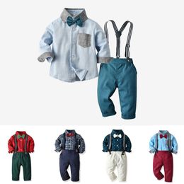 Bow Tie Baby Kids Clothes Sets Shirts Pants Gentlemen Boys Toddlers Striped Casual Long Sleeved tshirts Braces Overall Suits Youth Children outfit size 80-130cm