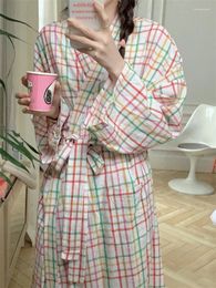 Women's Sleepwear 2024 Spring Full Sleeve Vintage Contrasting Colors Plaid Bandage Bow Bathrobe At Home Sweety Loose Comfort Pajamas Dresses