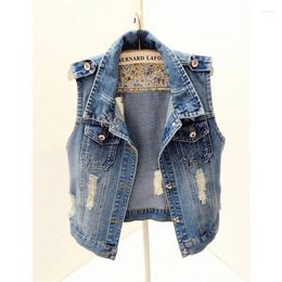 Women's Vests Spring Summer Vintage Blue Denim Vest Women Slim Short Cowboy Waistcoat Korean Holes Big Pocket Sleeveless Jeans Jacket Female