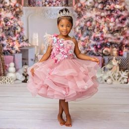 Girl Dresses Pink Ball Gown Flower Tiered Ruffles Feathers Kids Birthday Gowns Vintage Knee Length Little Girls Pageant