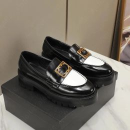 Designer Dress Shoes Black Loafers Women Plaid Buckle Platform Shiny Cowhide Leather Chunky Sneaker Shoes Luxury Casual Shoes