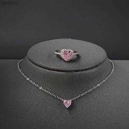 Pendant Necklaces 2pcs Pack silver color bride Jewelry Set Promise Ring Stud Earring Pendant Necklace Party Gift For Women J6235-pink YQ240124