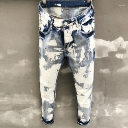 Men's Jeans Street Retro Skinny Men Paint Inkjet White Jean Blue Motorcycle Pants Streetwear Trousers Stretch Pantalon Vaqueros Hombre