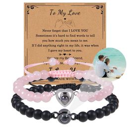 Bracelets Custom Photo Projection Bracelet Personalised Crystal Black Matte Matching Picture Couple Bracelets I Love You Bracelet Gifts