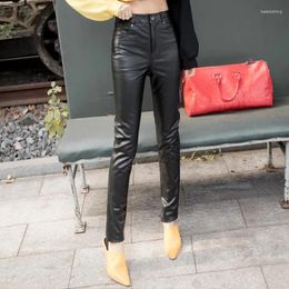 Women's Pants Genuine Leather For Women High Waist Cowhide Korean Style Small Foot Pencil Full Length Streetwear SGG