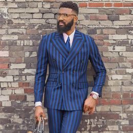 Men's Suits Wide Stripe Men For Business Double Breasted Wedding Tuxedos 2 Pcs Groom Wear Peaked Lapel Blazers (Jacket Pants) 2024
