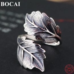 Rings BOCAI Real Sterling Silver S925 Opening Rings Retro Old Personality Leaf Feathter Pattern Ornaments Pure Argentum Jewelry