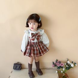 Preppy style baby girls clothes sets toddler kids Bows tie falbala lapel shirt lattice pleated skirt 3pcs 2024 spring children princess outfits Z6839