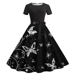 Casual Dresses Retro Butterfly Print Swing Formal Prom Party Vintage Cocktail Dress Halloween Costume Women Slim High Waist Knee-length