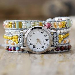 Bracelets Creative 5 Strand Sea Sediment Jasper Stones Crystal Quartz Watch Wrap Beaded Wristwatch Bracelet Women Sister Bohemia Jewelry