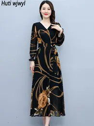 Casual Dresses 2024 Black Chiffon Floral Long Dress Spring Autumn Sleeve Bodycon Prom Clothes Female Elegant Vintage Party Vestidos