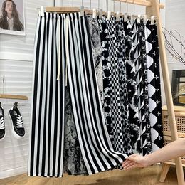 Women's Pants Vintage Casual Striped Dog Print Chiffon Wide-leg Clothing Summer Loose Straight Girls Trousers Bd275