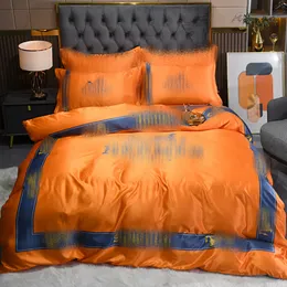 Orange king size designer bedding sets 4pcs/set horse letter printed queen size silk duvet cover spring summer bed sheet fashion pillowcases