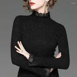 Women's Blouses Blouse Women Winter Bright Silk Shirt Long-Sleeved Black Lace Clothing Blusas Mujer De Moda