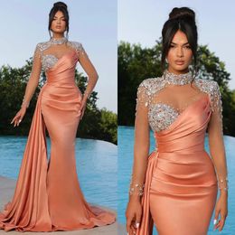 Crystal Beaded Mermaid Evening Dresses High Neck Long Sleeves Sexy Pleats Formal Party Gowns Peplum Elegant Corral Satin Prom Dress