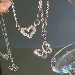 Pendant Necklaces 17KM Fashion Butterfly Heart Zircon Necklace for Women Girls Silver Colour Shiny Love Clavicle Chain Necklaces New Trend Jewellery YQ240124