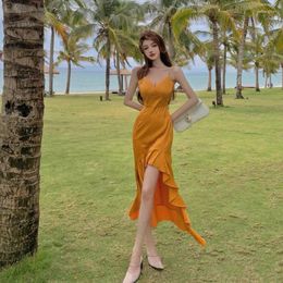 Casual Dresses Fashion Sexy Holiday Beach Midi Split Irregular Fishtail Dress 2024 Seaside Tourism Suspender Strap V-neck Tank Backless