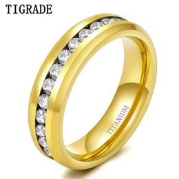 Bands TIGRADE 6mm Gold Colour Titanium Ring Cubic Zirconia Luxury Engagement Ring For Men Women Wedding Band Size 5 to 12